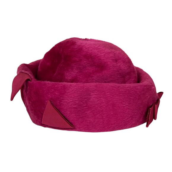 Vintage Gwen Pennington Hat Pink Faux Fur Fluffy Pillbox w/ Triangular Details - Picture 7 of 12